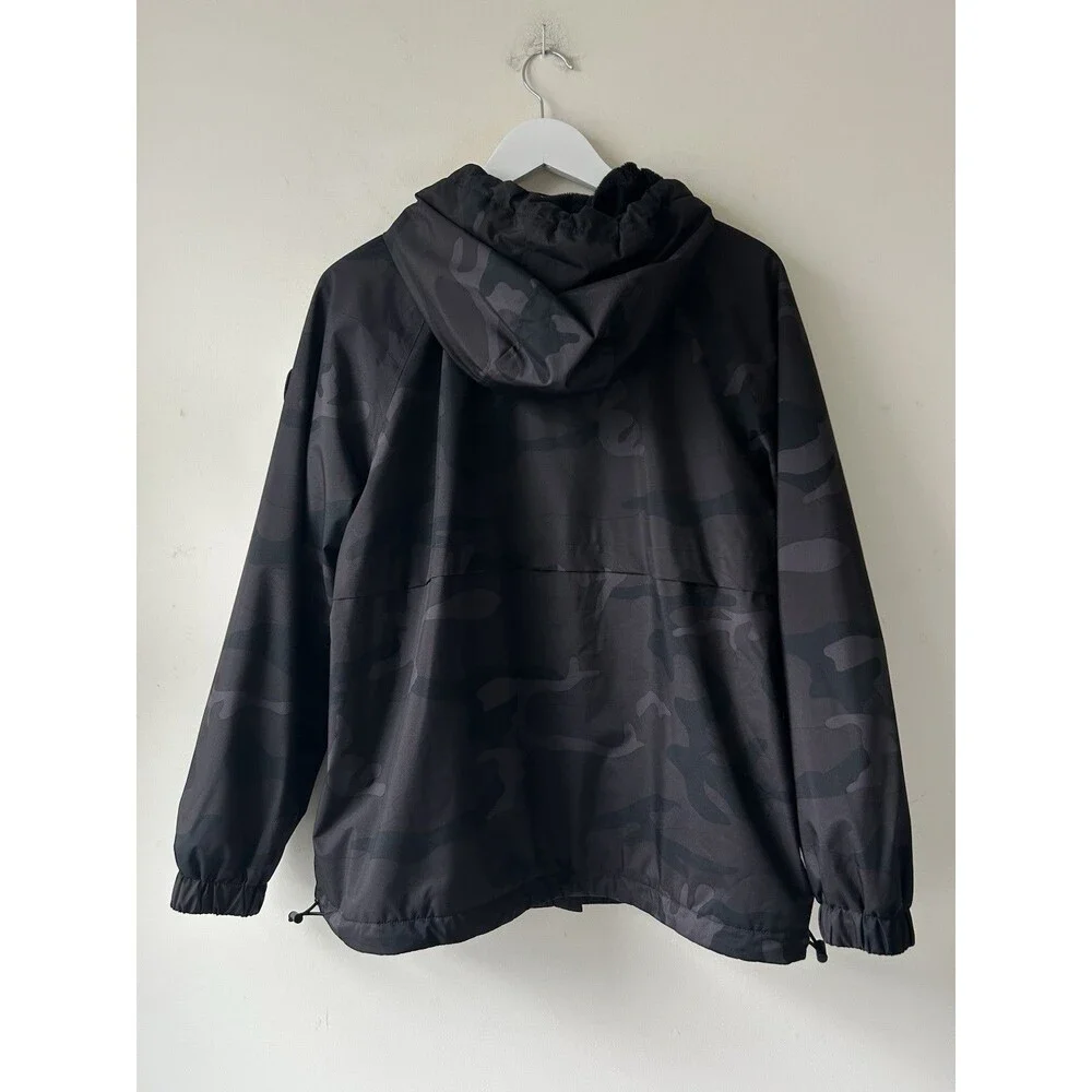 Michael Kors Black Gray Camouflage Hooded Jacket Size L Zippers Pockets